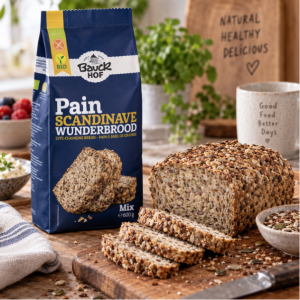Suggestion de présentation de la préparation bio pour pain scandinave sans gluten aux graines – Bauck Mühle