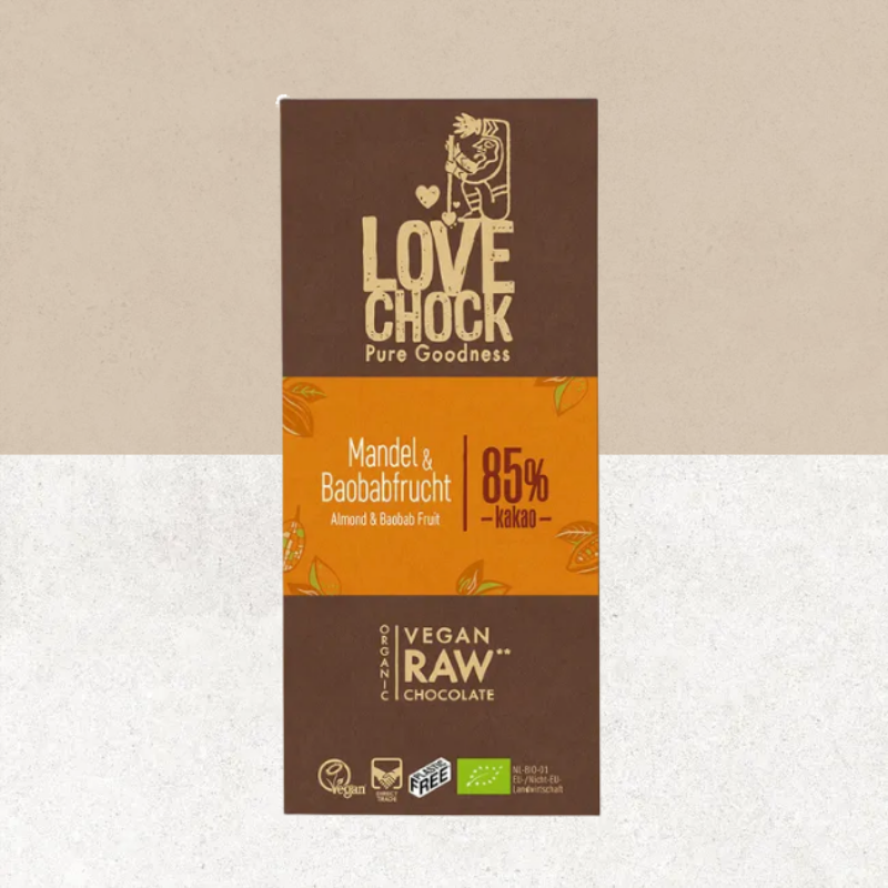 Tablette de chocolat noir 85 % sans gluten et bio aux amandes et au fruit du baobab - Love Chock