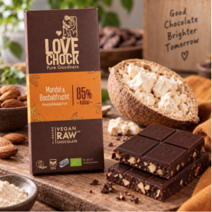 Suggestion de présentation de la tablette de chocolat noir 85% sans gluten et bio aux amandes et au fruit du baobab - Love Chock