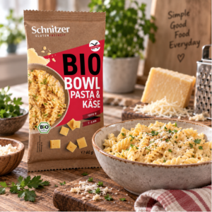 Suggestion de présentation de la préparation pour pour Bowl de Fusilli au fromage Sans Gluten et Bio - Schnitzer
