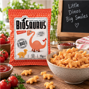 Suggestion de présentation des chips bio sans gluten en forme de dinosaure saveur ketchup - BIOSAURUS
