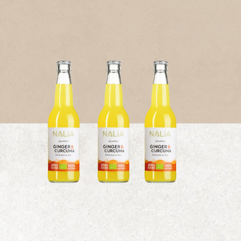 Lot de 3 bouteilles de 33 cl du soft pétillant bio Ginger & Curcuma sans – NALIA