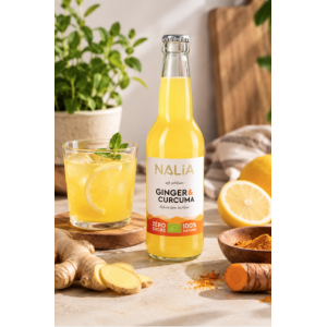 Suggestion de présentation du soft pétillant bio Ginger & Curcuma sans sucre – NALIA