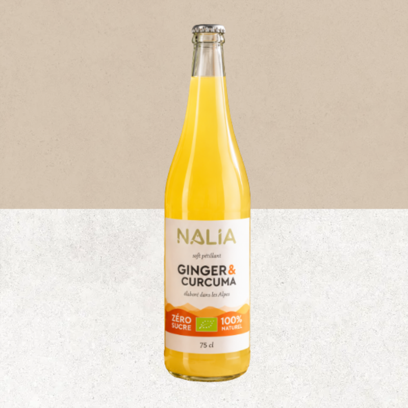 Bouteille de 75 cl de boisson pétillante bio Gingembre & Curcuma à partager – NALIA