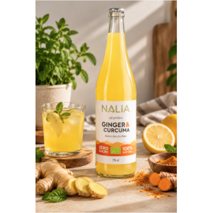 Suggestion de présentation du soft pétillant bio Gingembre & Curcuma  75 cl – NALIA