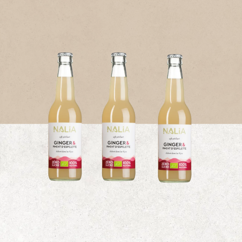 Lot de 3 bouteilles de soft pétillant sans gluten bio Ginger & Piment d'Espelette sans sucre – NALIA