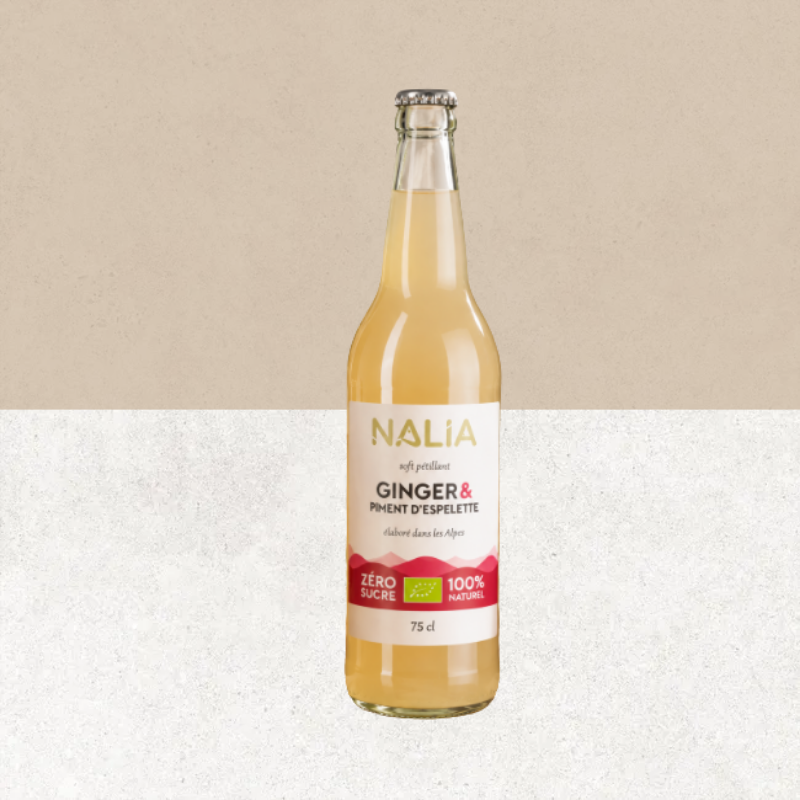Bouteille de boisson bio pétillante sans gluten Gingembre & Piment d’Espelette 75 cl – NALIA