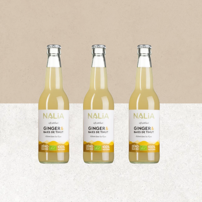 Lot de 3 bouteilles de soft pétillant ginger et baies de Timut 33 cl bio et naturellement sans gluten - NALIA