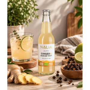 Suggestion de présentation du soft pétillant ginger et baies de Timut 33 cl bio et naturellement sans gluten - NALIA
