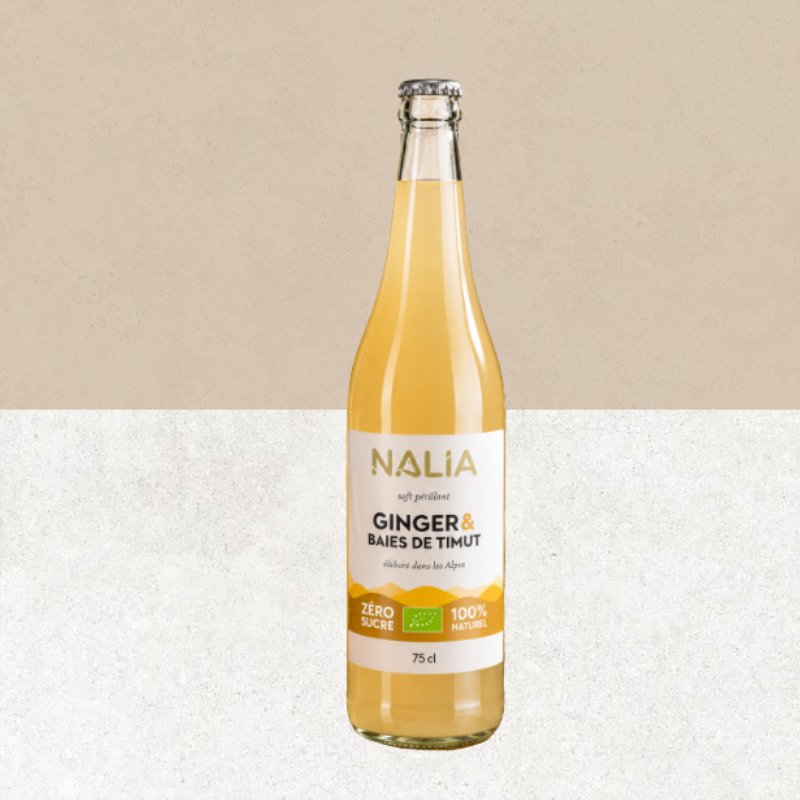 Bouteille de Soft pétillant bio Ginger & Baies de Timut naturellement sans gluten 75 cl – NALIA