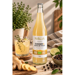 Suggestion de présentation du Soft pétillant bio Ginger & Baies de Timut naturellement sans gluten 75 cl – NALIA