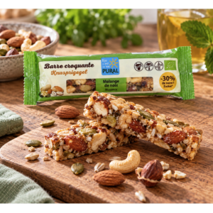 Suggestion de présentation de la barre croquante au mélange de noix sans gluten et bio – PURAL