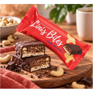Suggestion de présentation de la barre bio Cajou & Chocolat Crunch sans gluten 40 g – Lini’s Bites