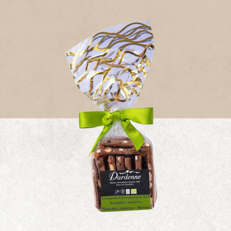 Sachet de croquants sans gluten chocolat au lait bio, noisettes, amandes et raisins – Dardenne