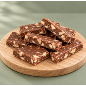 Suggestion de présentation des croquants sans gluten chocolat au lait bio, noisettes, amandes et raisins – Dardenne