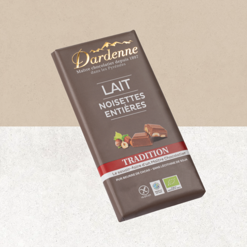 Tablette de chocolat au lait Tradition sans gluten et bio avec des noisettes entières - Dardenne