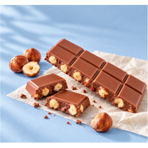 Suggestion de présentation de la tablette de chocolat au lait sans gluten et bio avec des noisettes entières - Dardenne