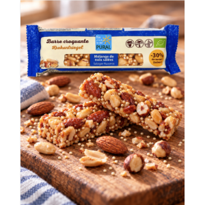 Suggestion de présentation de la barre croquante mélange de noix salées sans gluten et bio – PURAL