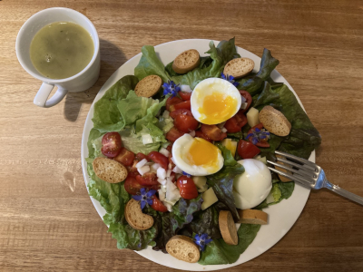 Salade du jardin avec ses croûtons sans gluten et son velouté d'asperges